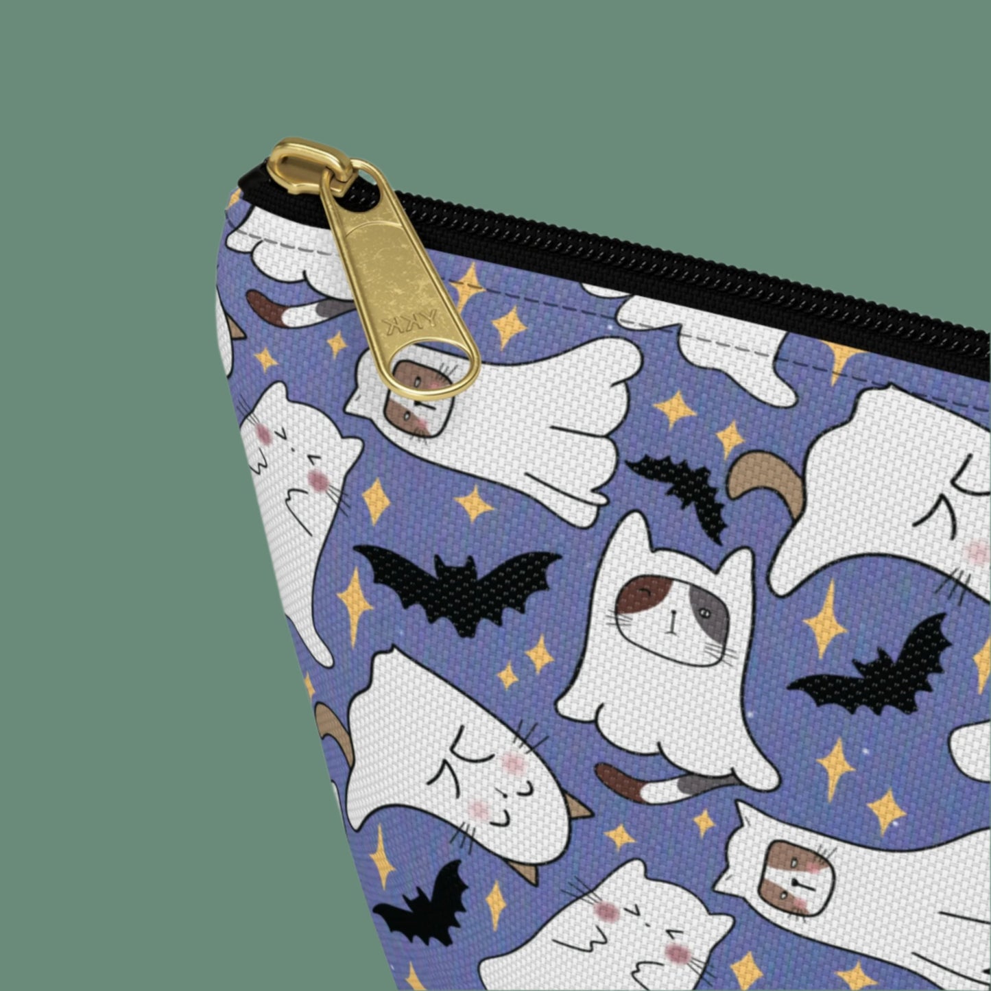 Small Blue Accessory Pouch with Cute Ghostly Kittens and Bats detail