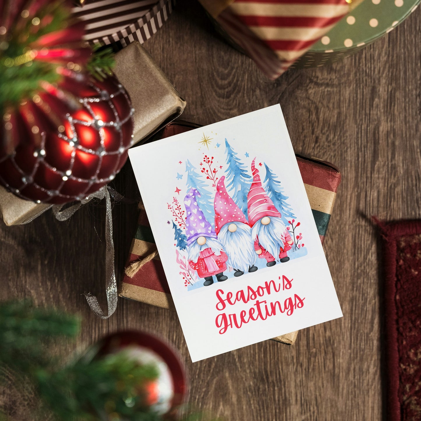 Three Winter Gnomes Season's Greetings Holiday Card
