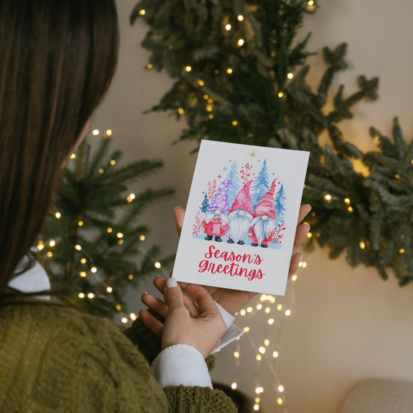 Three Winter Gnomes Season's Greetings Holiday Card