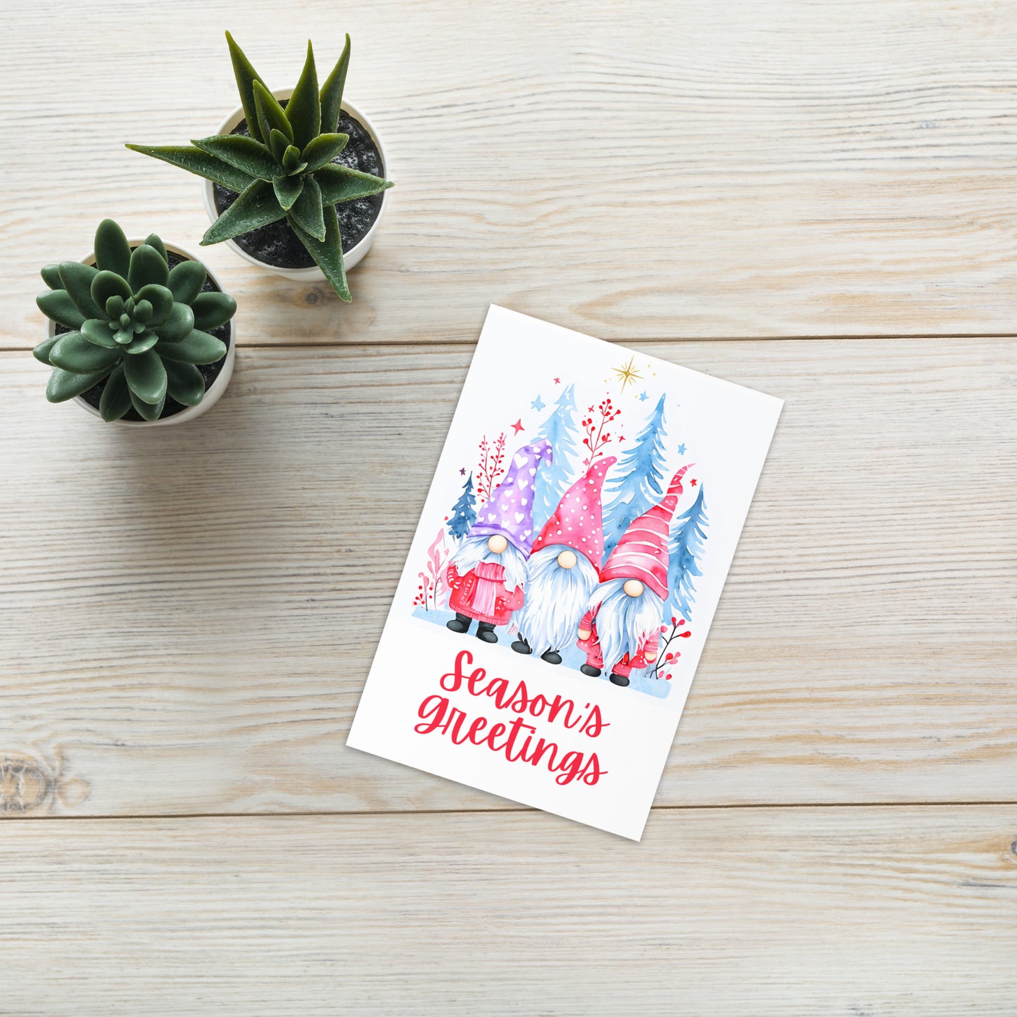 Three Winter Gnomes Season's Greetings Holiday Card