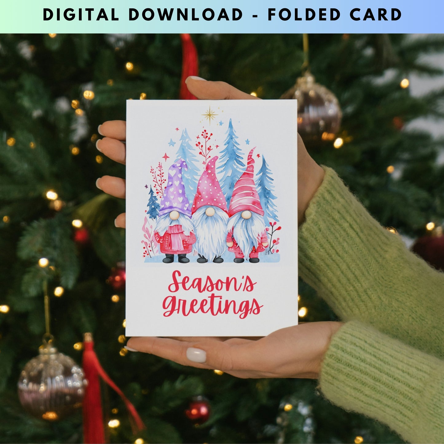 Three Winter Gnomes Season's Greetings Folded Holiday Card - Digital Download - Print at Home