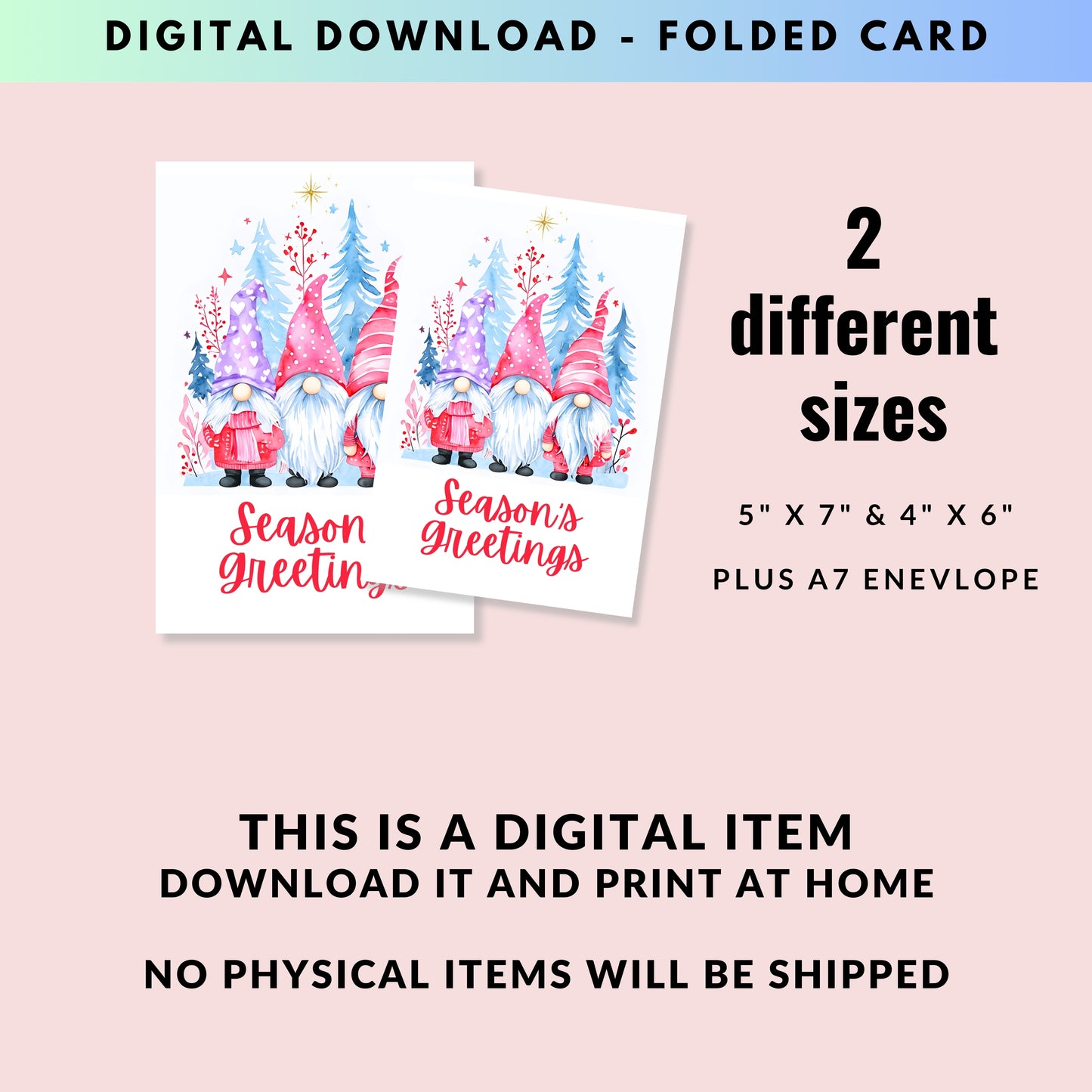 Three Winter Gnomes Season's Greetings Folded Holiday Card - Digital Download - Print at Home