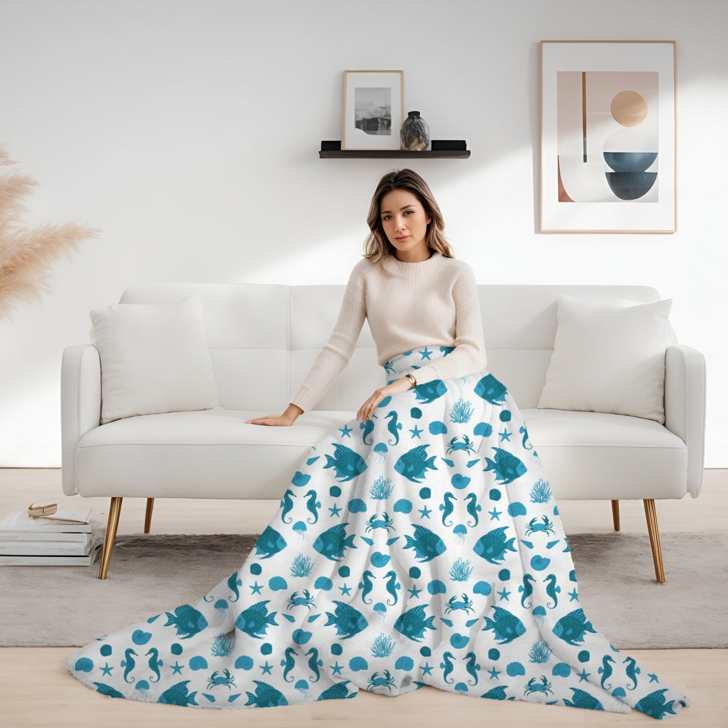 Under The Sea Teal Fish and Shells Cozy Plush Blanket