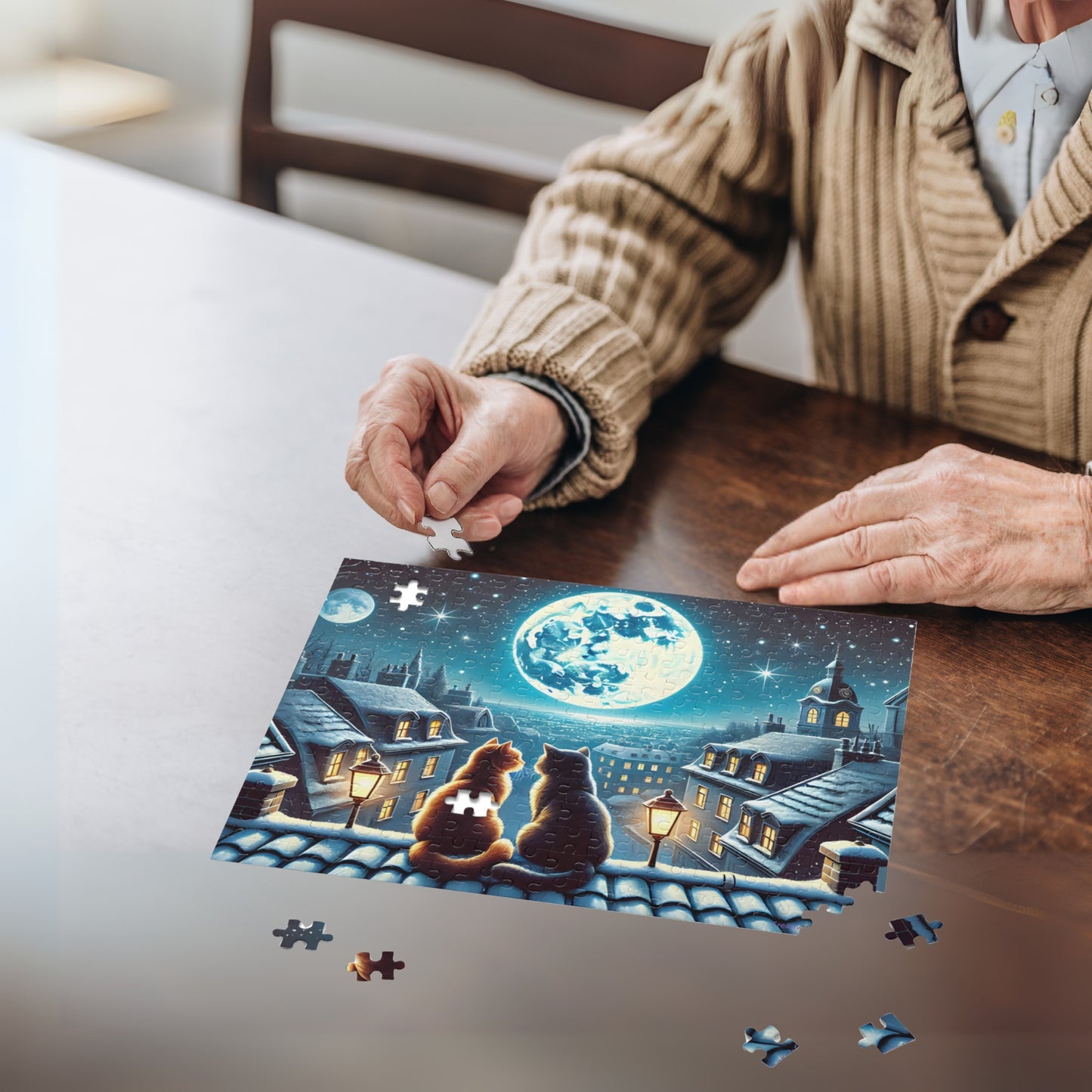 Winter Cats on a Starlit Night Jigsaw Puzzle (120, 252 to 500-Pieces)