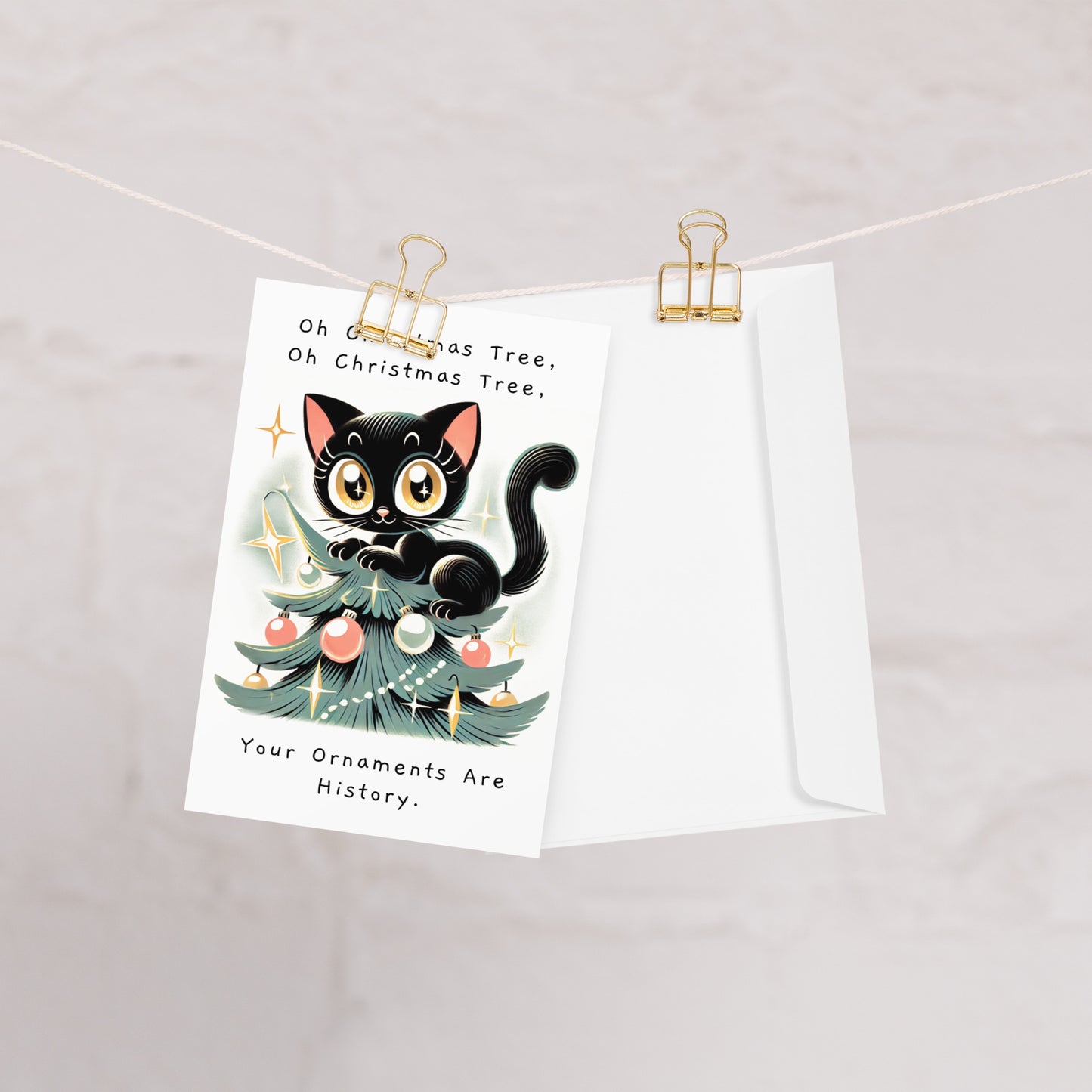 Mischievous Cat on Christmas Tree Holiday Greeting Card