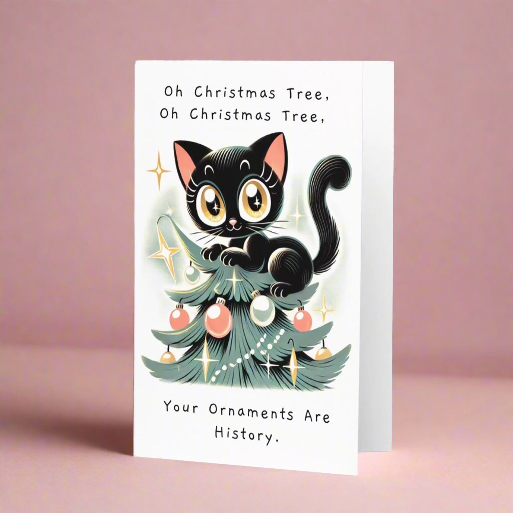 Mischievous Cat on Christmas Tree Holiday Greeting Card