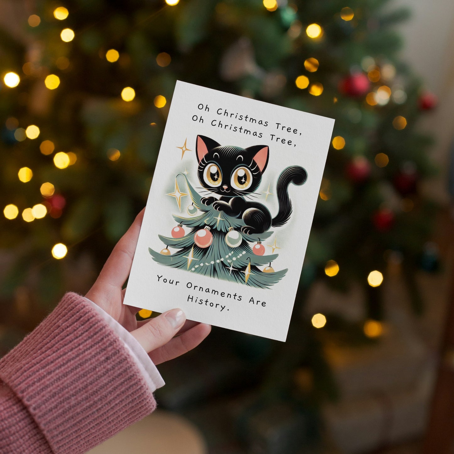 Mischievous Cat on Christmas Tree Holiday Greeting Card