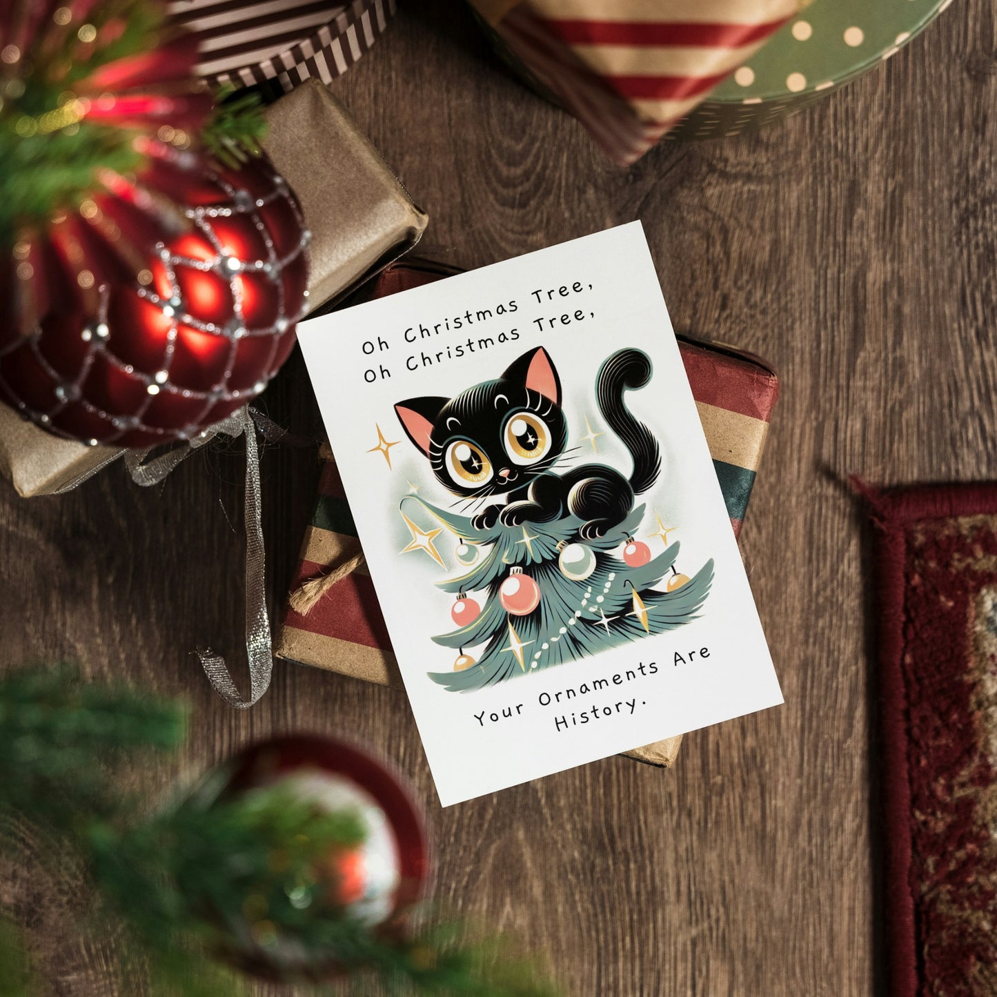Mischievous Cat on Christmas Tree Holiday Greeting Card