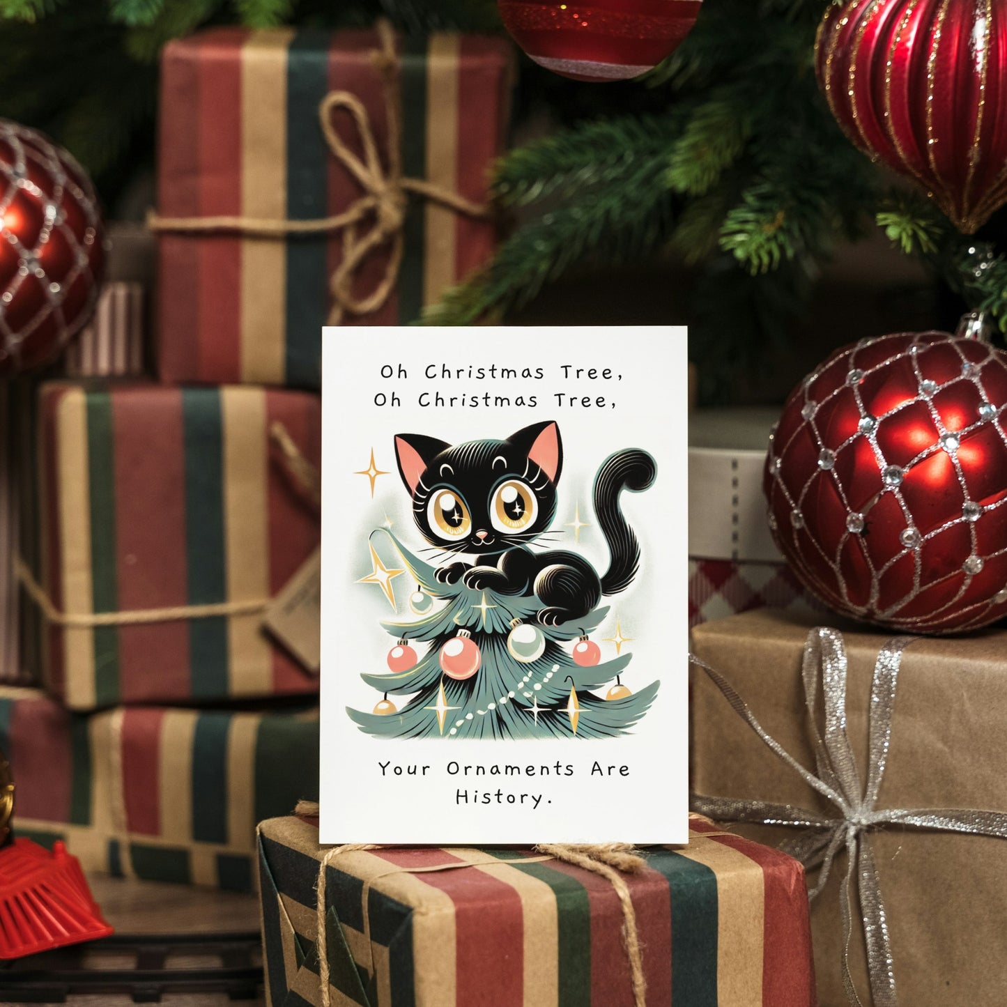 Mischievous Cat on Christmas Tree Holiday Greeting Card