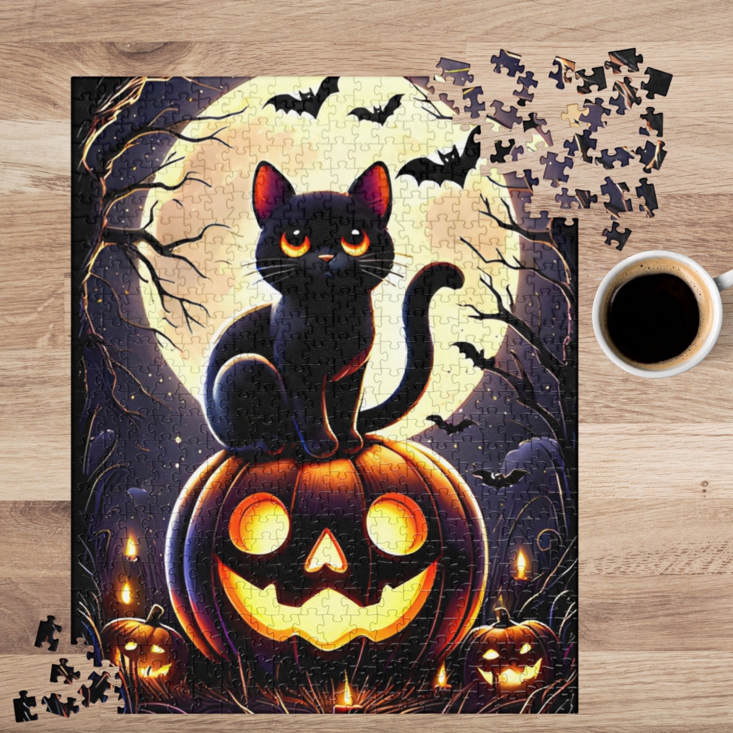Cute Black Cat Perched on a Carved Pumpkin Halloween Jigsaw Puzzle