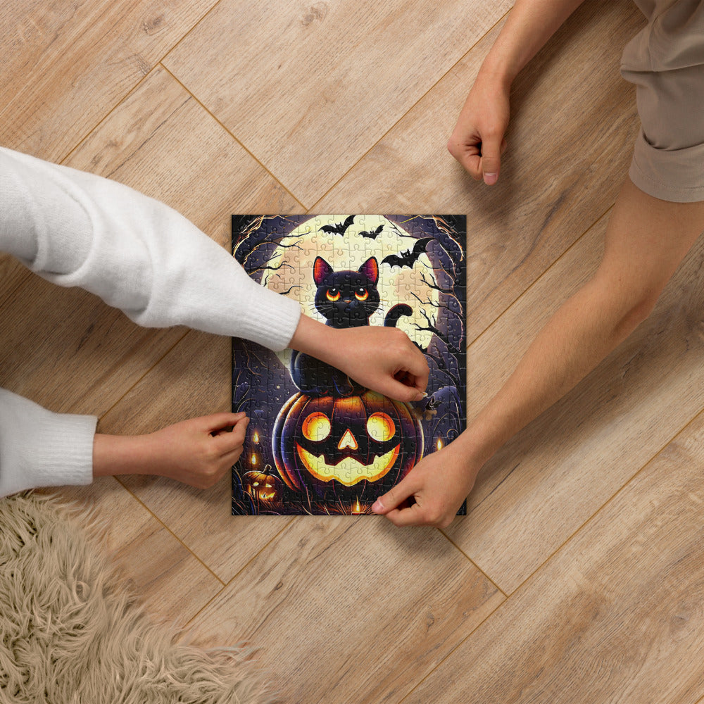 Cute Black Cat Perched on a Carved Pumpkin Halloween Jigsaw Puzzle