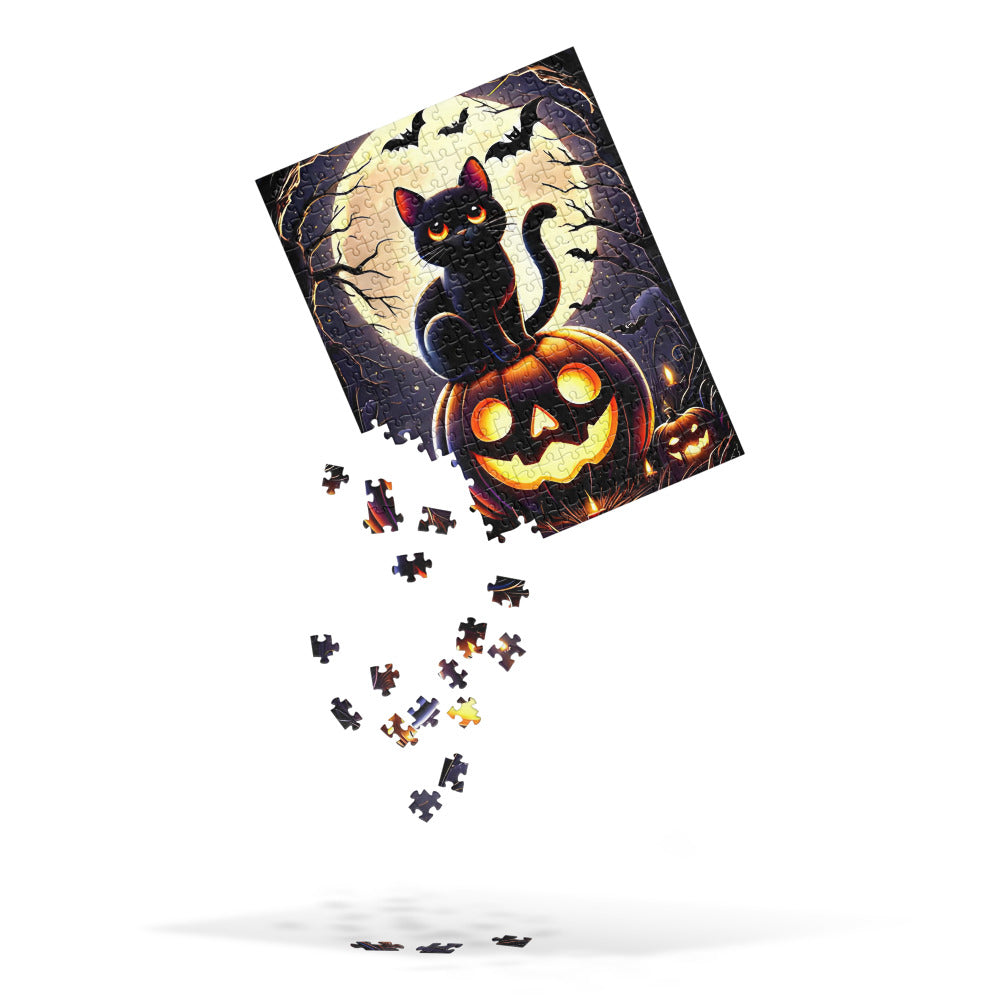 Cute Black Cat Perched on a Carved Pumpkin Halloween Jigsaw Puzzle