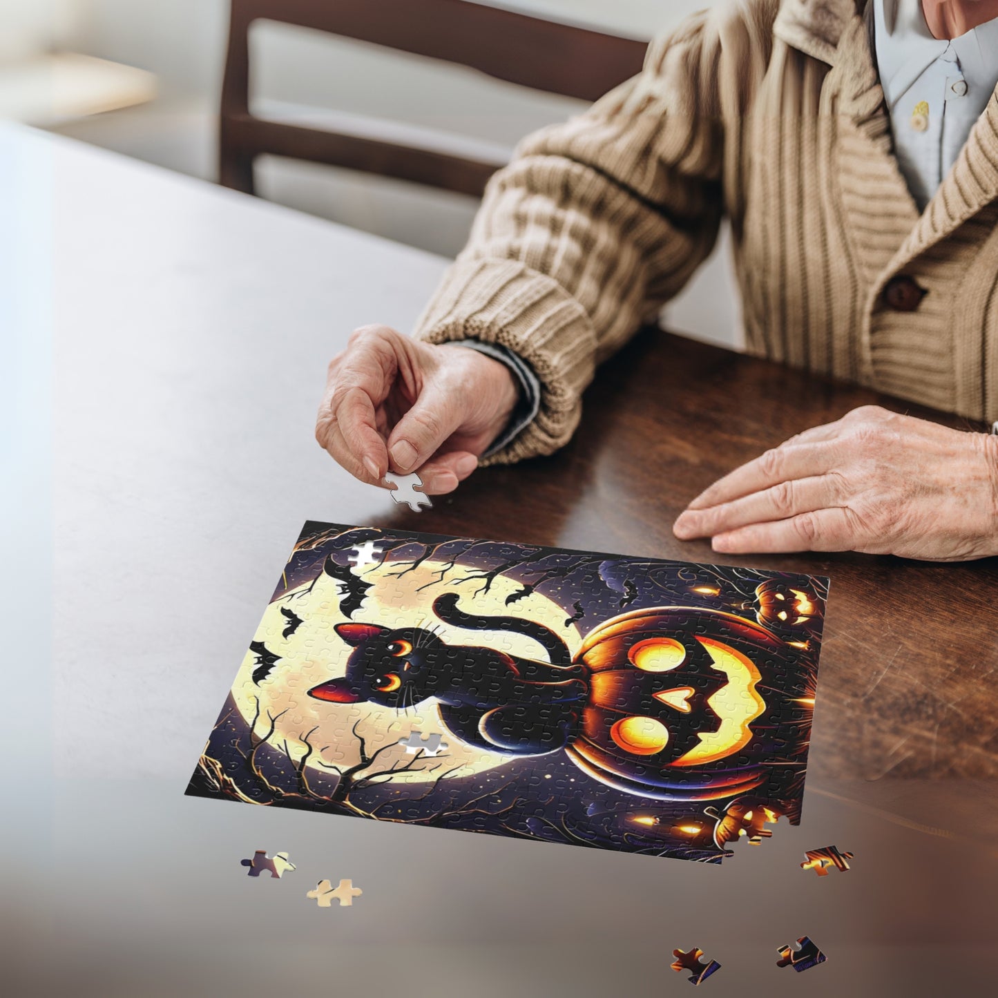 Cute Black Cat Perched on a Carved Pumpkin Halloween Jigsaw Puzzle