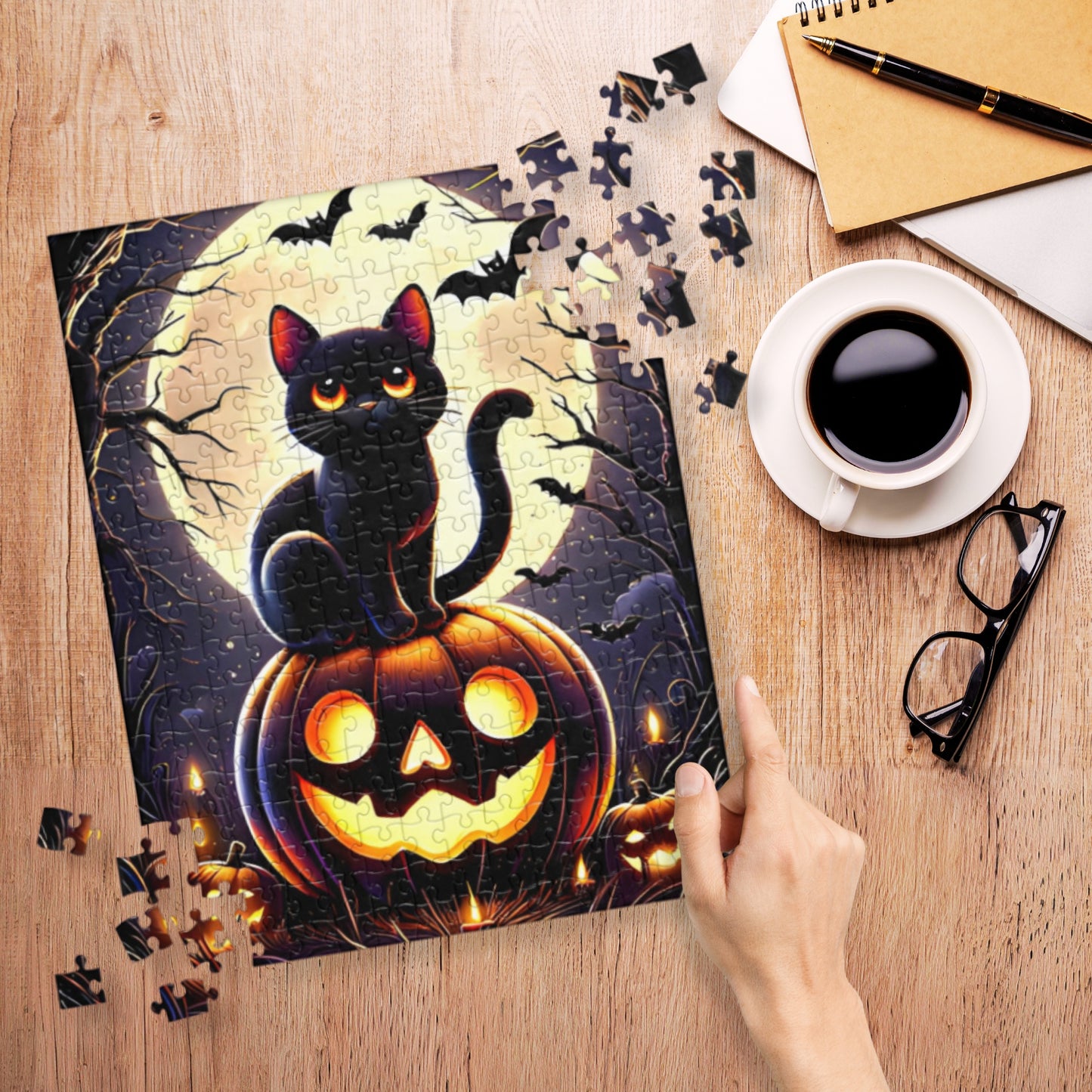 Cute Black Cat Perched on a Carved Pumpkin Halloween Jigsaw Puzzle