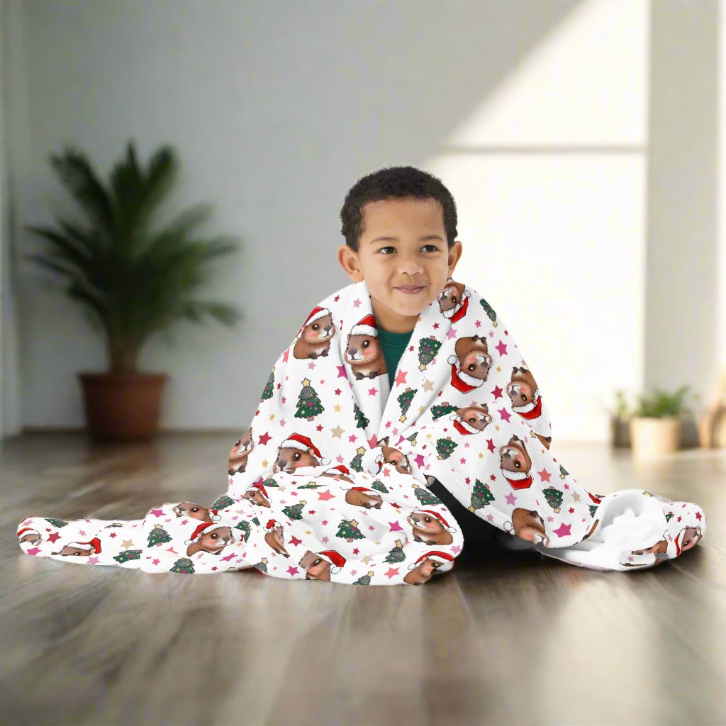 Boy with Cute Christmas Capybaras Cozy Velveteen Plush Blanket 60x80 inches