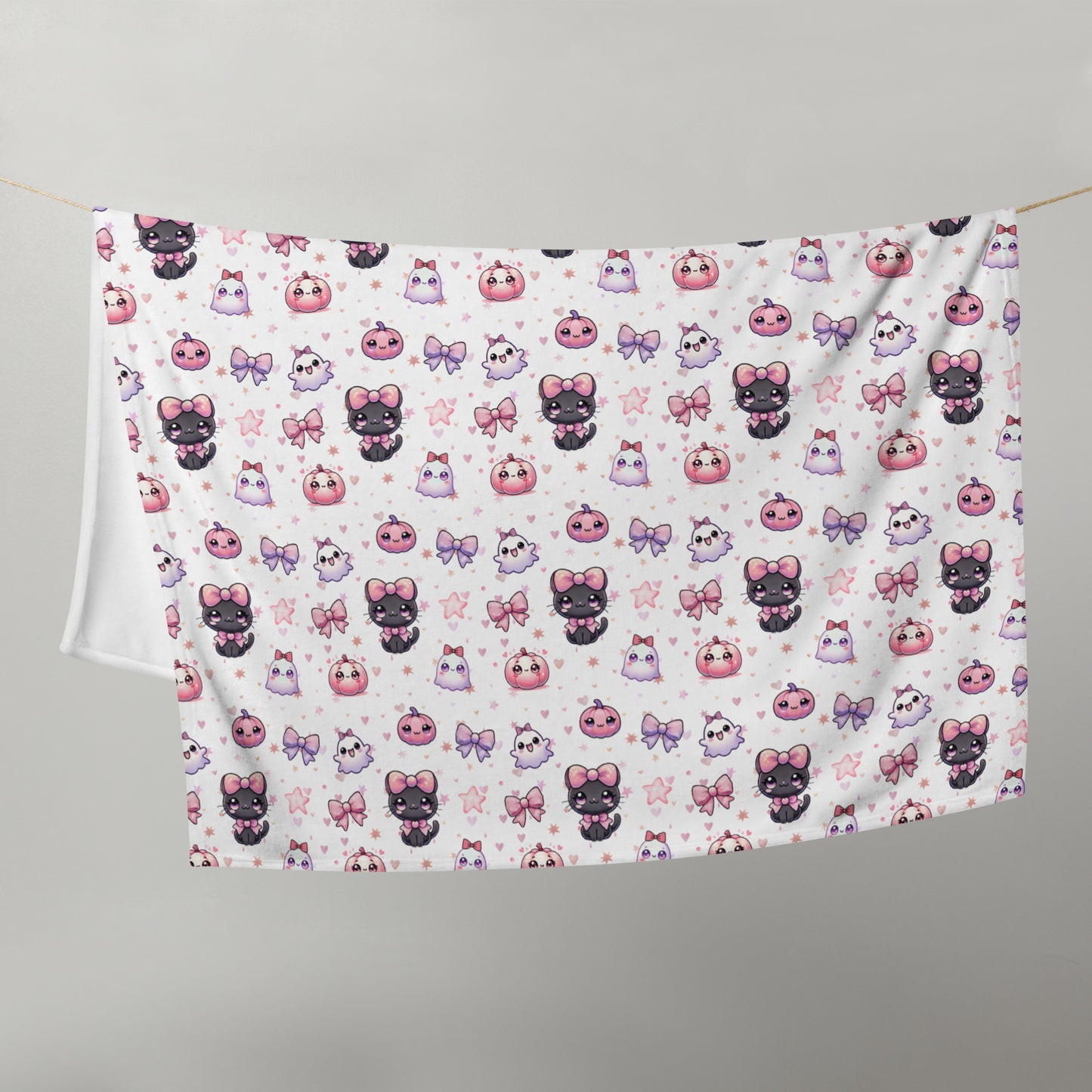 Cute Coquette Black Cat, Bows, Pumpkin & Ghost Pattern Cozy Fall Velveteen Plush Blanket
