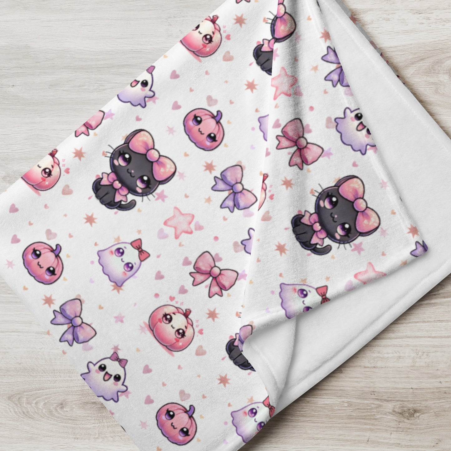 Cute Coquette Black Cat, Bows, Pumpkin & Ghost Pattern Cozy Fall Velveteen Plush Blanket