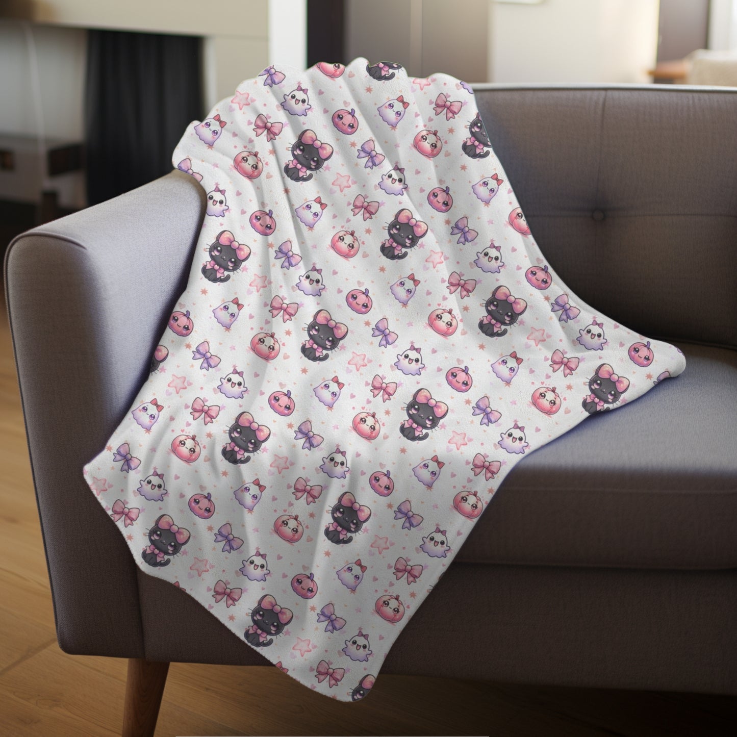 Cute Coquette Black Cat, Bows, Pumpkin & Ghost Pattern Cozy Fall Velveteen Plush Blanket