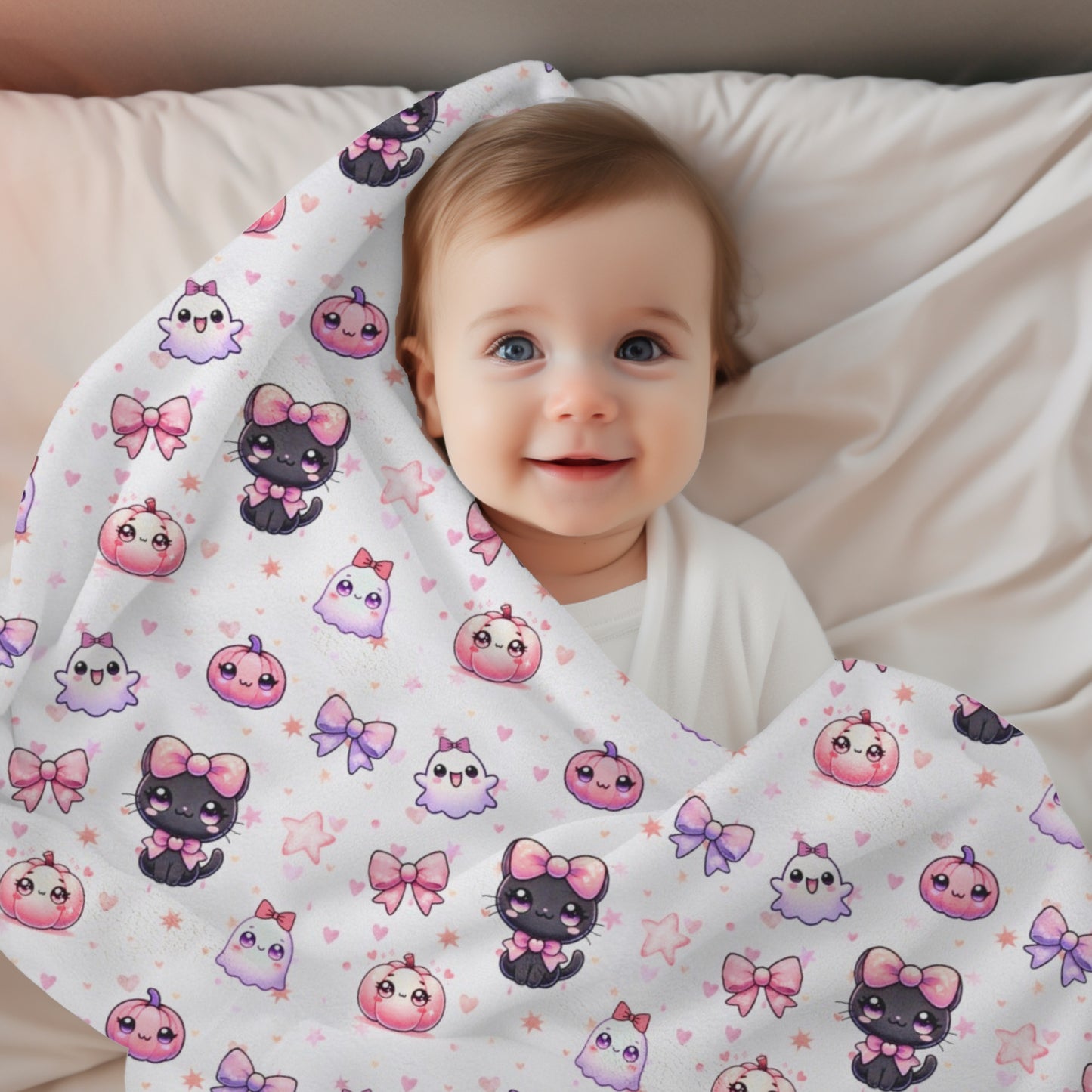 Cute Coquette Black Cat, Bows, Pumpkin & Ghost Pattern Cozy Fall Velveteen Plush Blanket