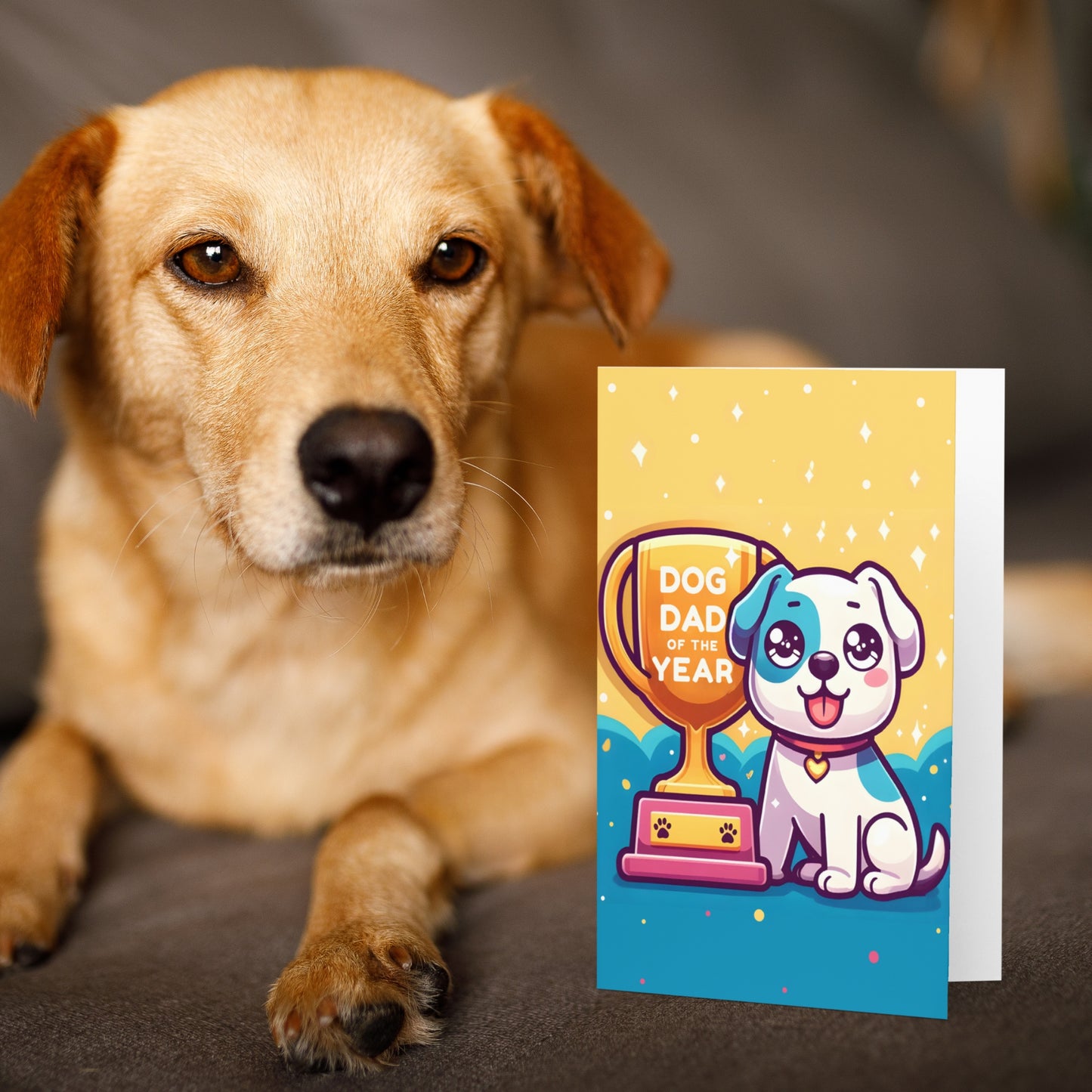 Cute Dog Dad Of The Year Trophy Greeting Card