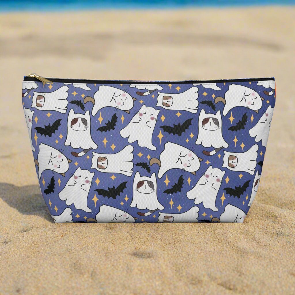 large Blue Accessory Pouch with Cute Ghostly Kittens and Bats on beach