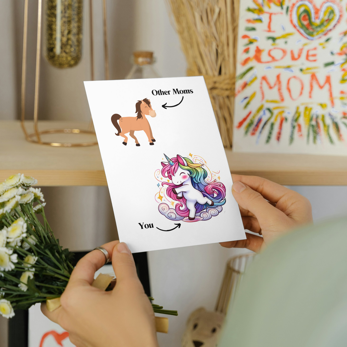 mom holding Funny Unicorn Mom vs Others Greeting or Mothers day Card