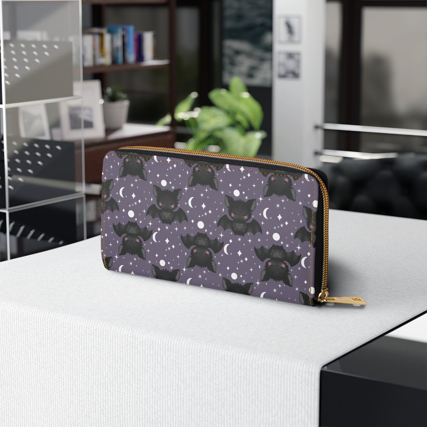 Purple Zipper Wallet with Cute Bats & Stars