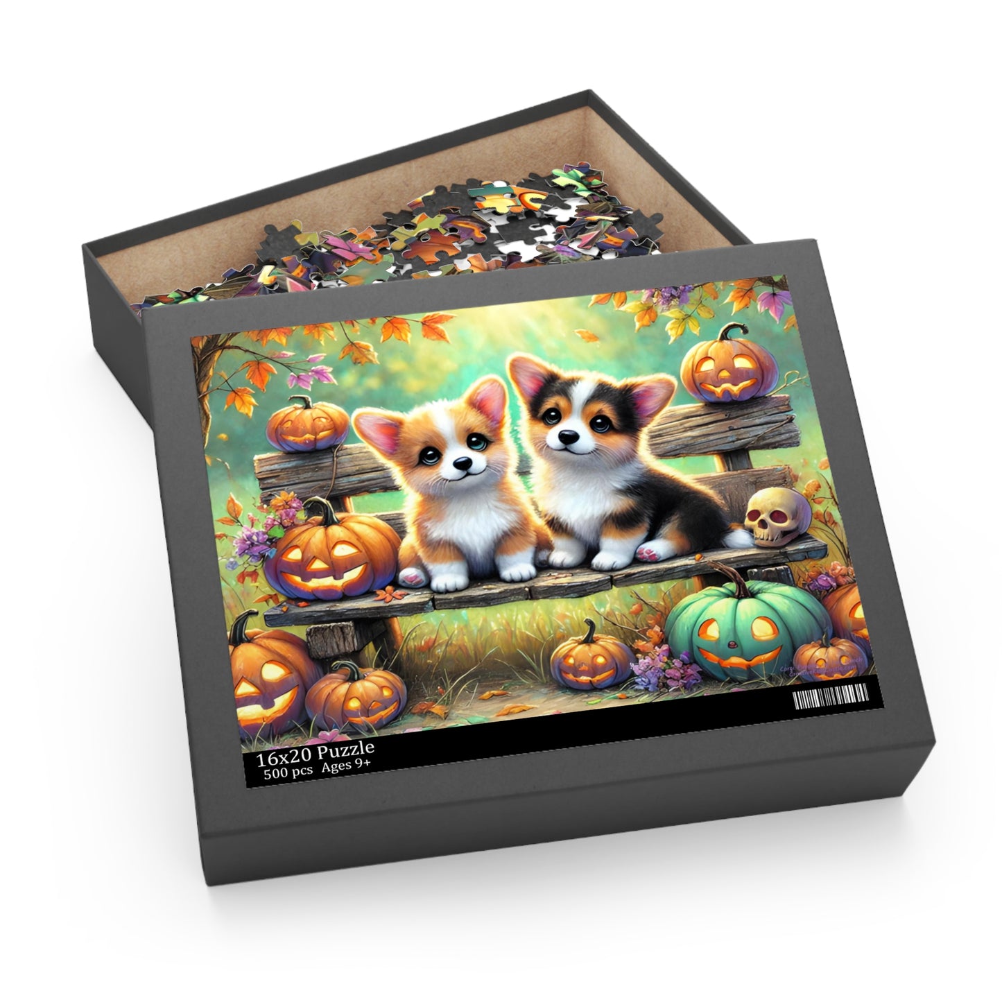 Corgi Puppy Dogs on Fall Bench Halloween Puzzle (120, 252, 500-Pieces)