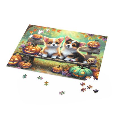 Corgi Puppy Dogs on Fall Bench Halloween Puzzle (120, 252, 500-Pieces)