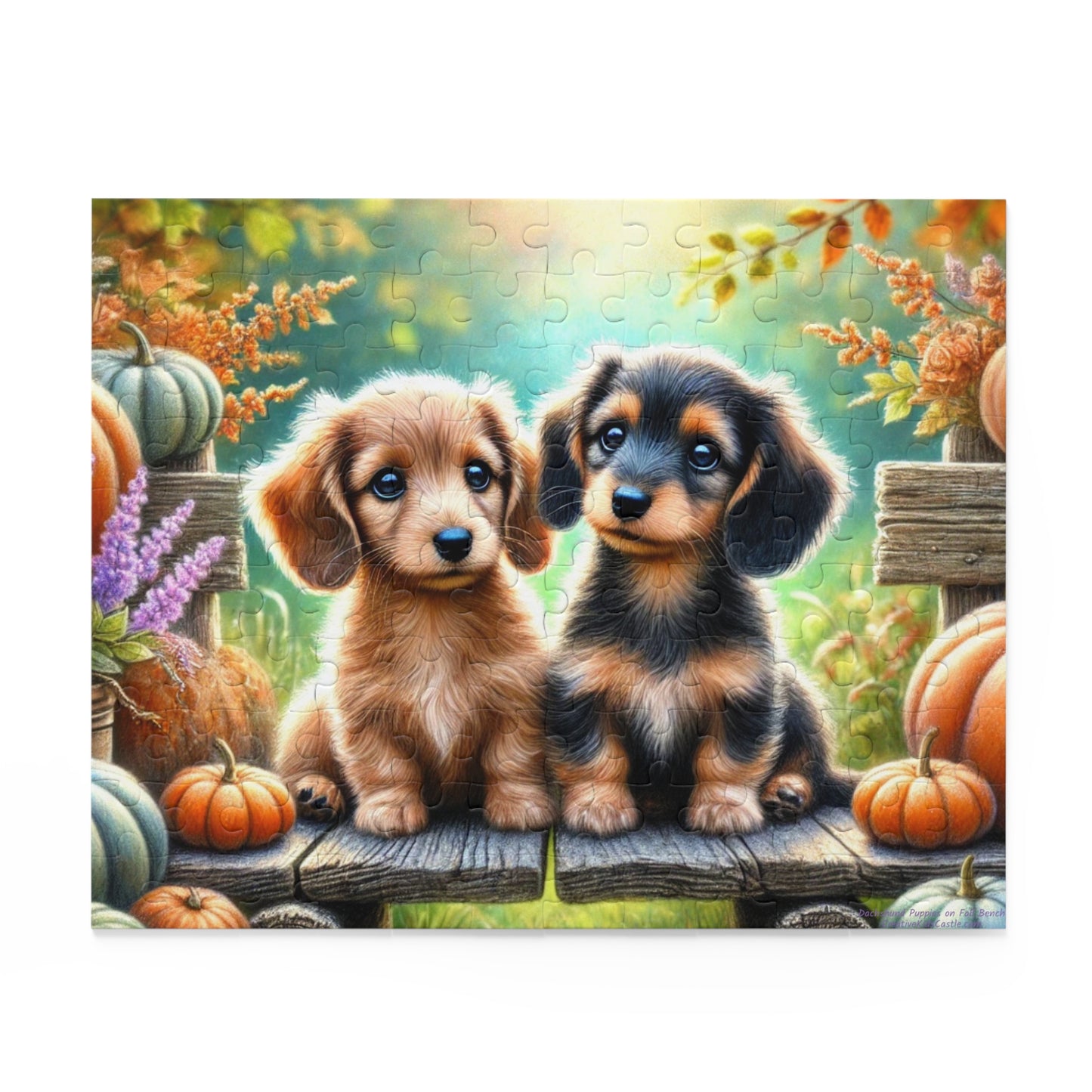 Dachshund Puppy Wiener Dogs on Fall Bench Halloween Puzzle (120, 252, 500-Pieces)