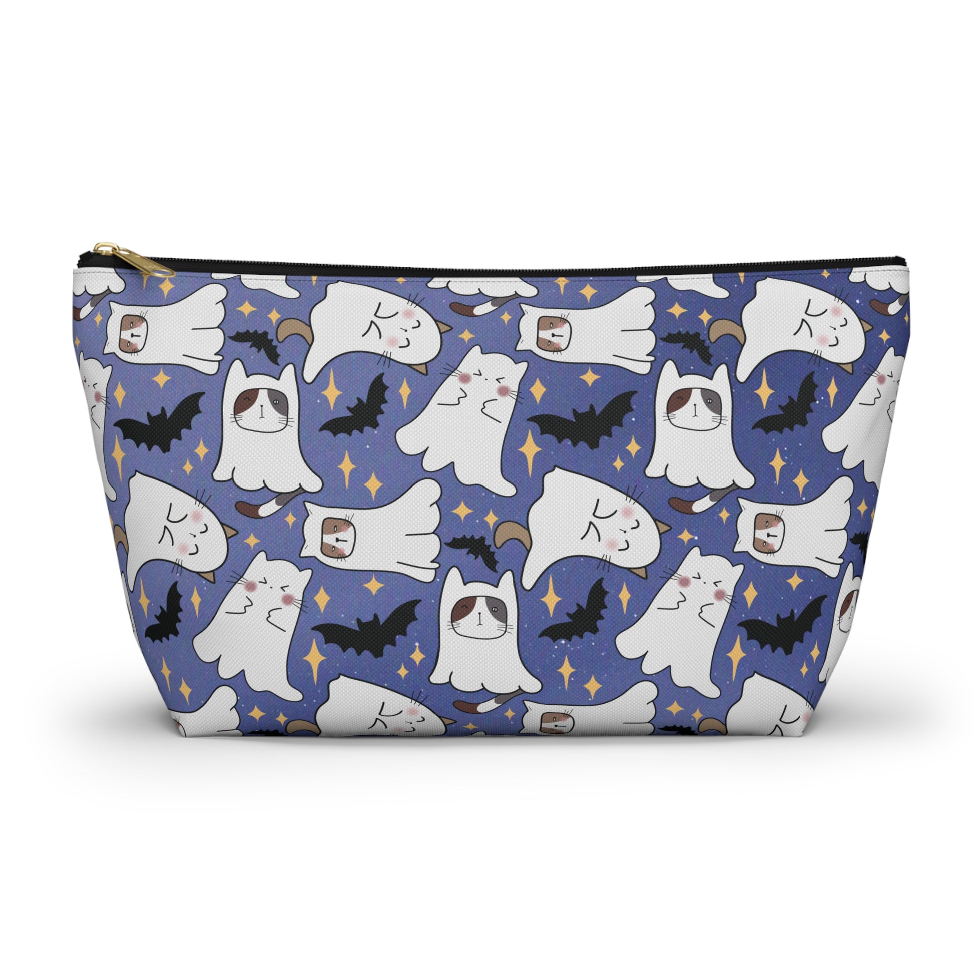 Large Blue Accessory Pouch with Cute Ghostly Kittens and Bats 