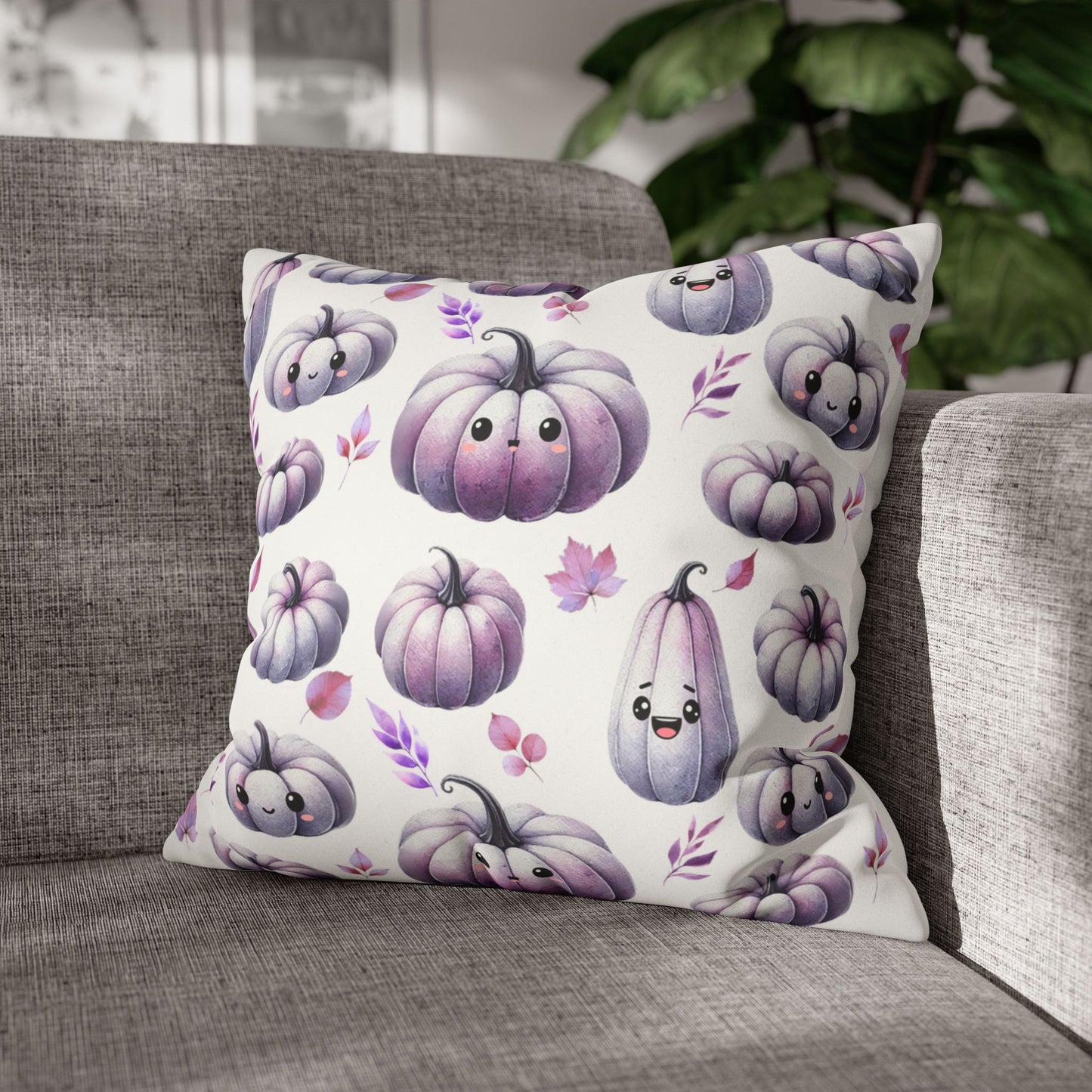 Purple Kawaii Pumpkin Pattern Faux Suede Square Pillow