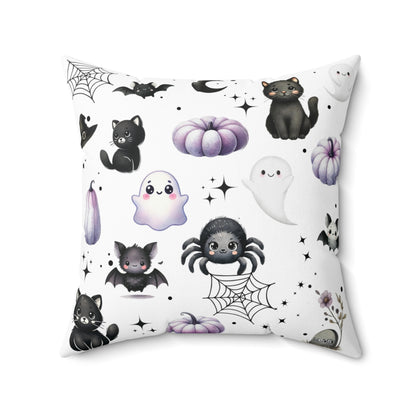 Black Halloween Pattern Faux Suede Square Pillow with black Kawaii Cats, Spider, Ghosts, Bats & Purple Pumpkins