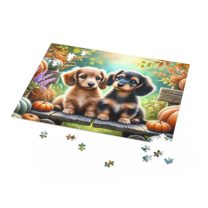 Dachshund Puppy Wiener Dogs on Fall Bench Halloween Puzzle (120, 252, 500-Pieces)