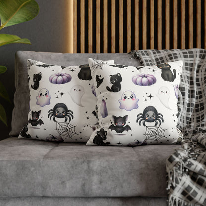 Black Halloween Pattern Faux Suede Square Pillow with black Kawaii Cats, Spider, Ghosts, Bats & Purple Pumpkins