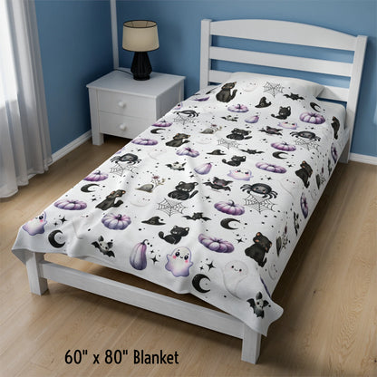 Cute Halloween Black Cats, Ghosts, Bats and Spider Kawaii Pattern Cozy Velveteen Plush Blanket