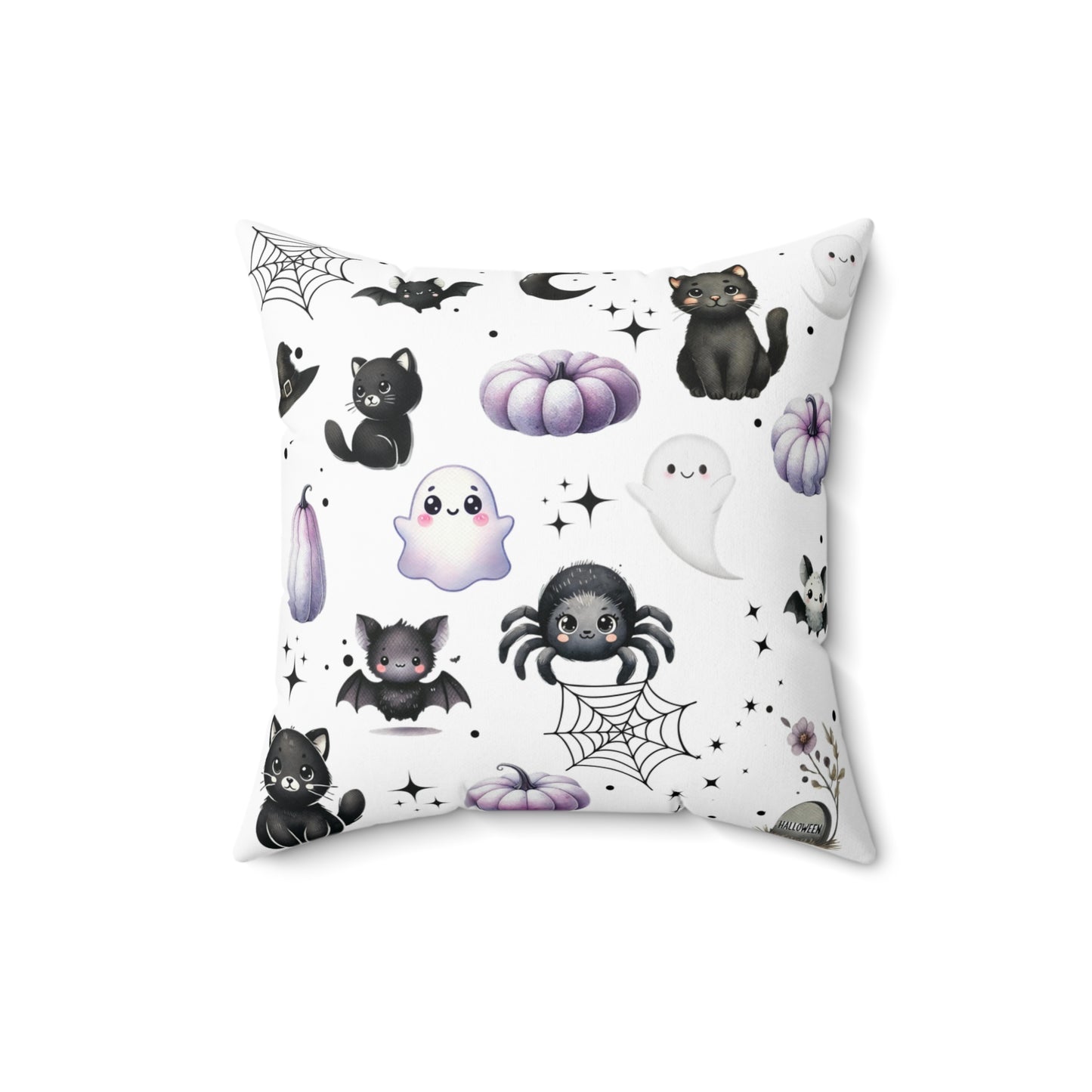 Black Halloween Pattern Faux Suede Square Pillow with black Kawaii Cats, Spider, Ghosts, Bats & Purple Pumpkins