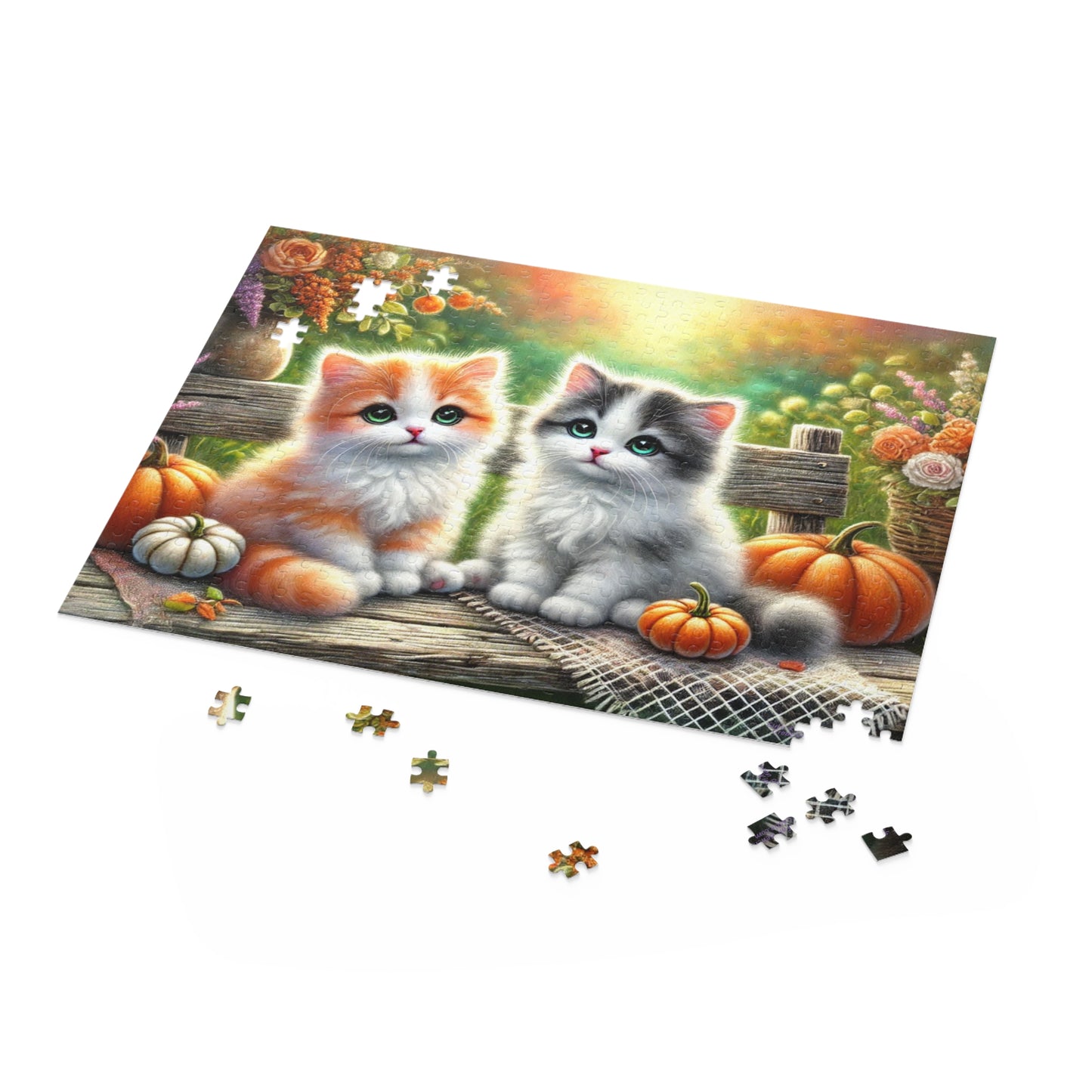 Cute Kittens on Fall Bench Halloween Autumn Puzzle (120, 252, 500-Pieces)