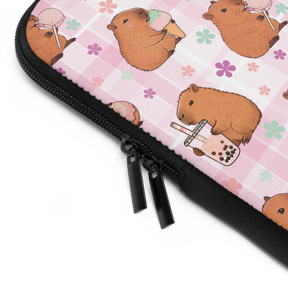 Cute Sweets Loving Capybara Plaid Pattern Laptop or Tablet Sleeve