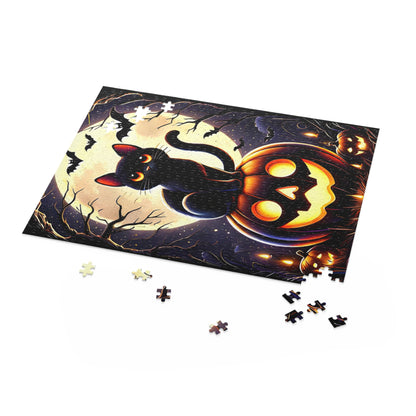 Cute Black Cat Perched on a Carved Pumpkin Halloween Jigsaw Puzzle