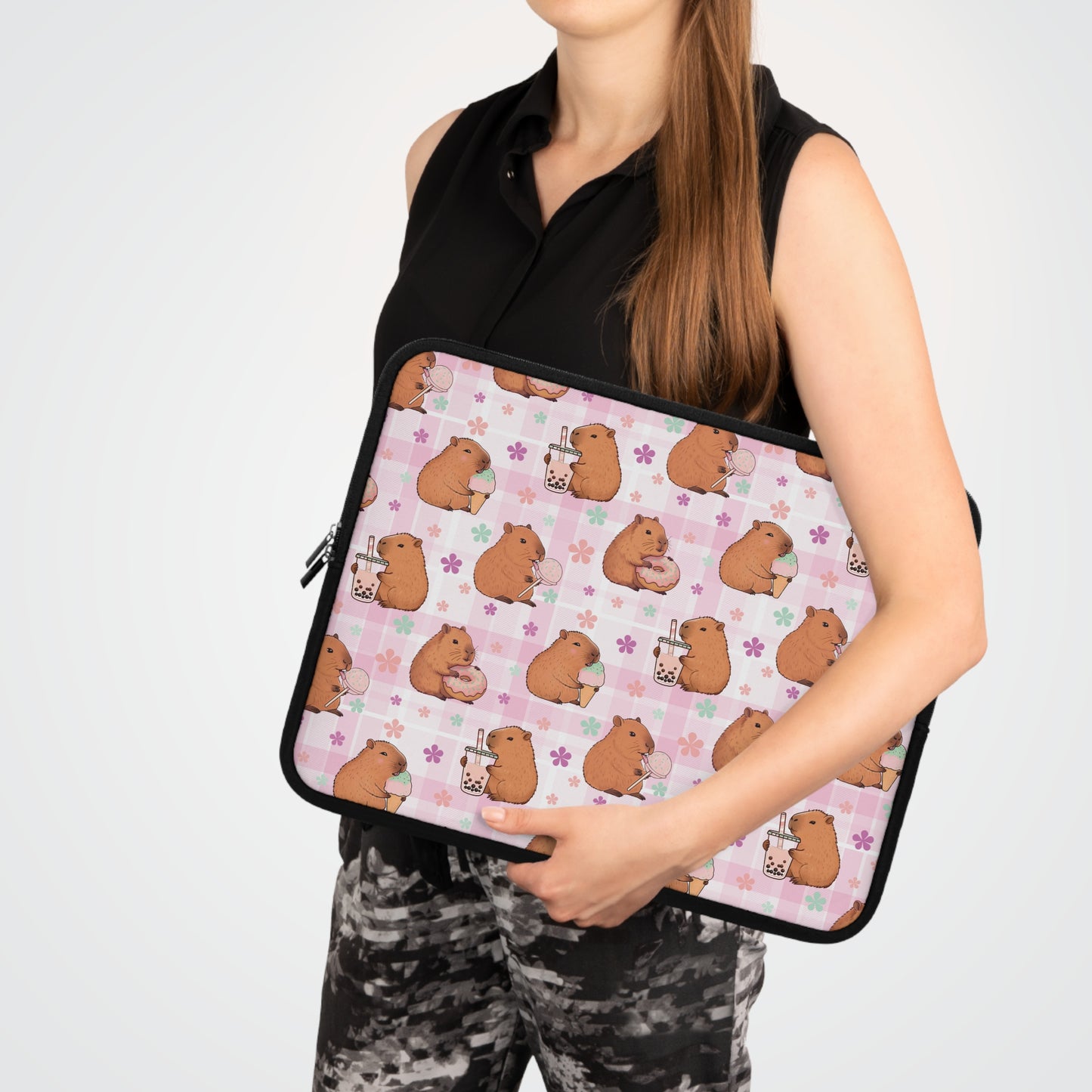 Cute Sweets Loving Capybara Plaid Pattern Laptop or Tablet Sleeve