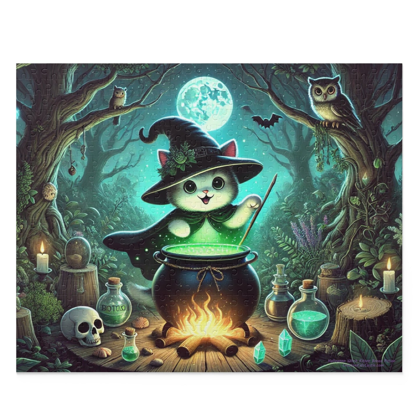 Halloween Witch Kitten Brews Potion Jigsaw Puzzle (120, 252, 500-Pieces)