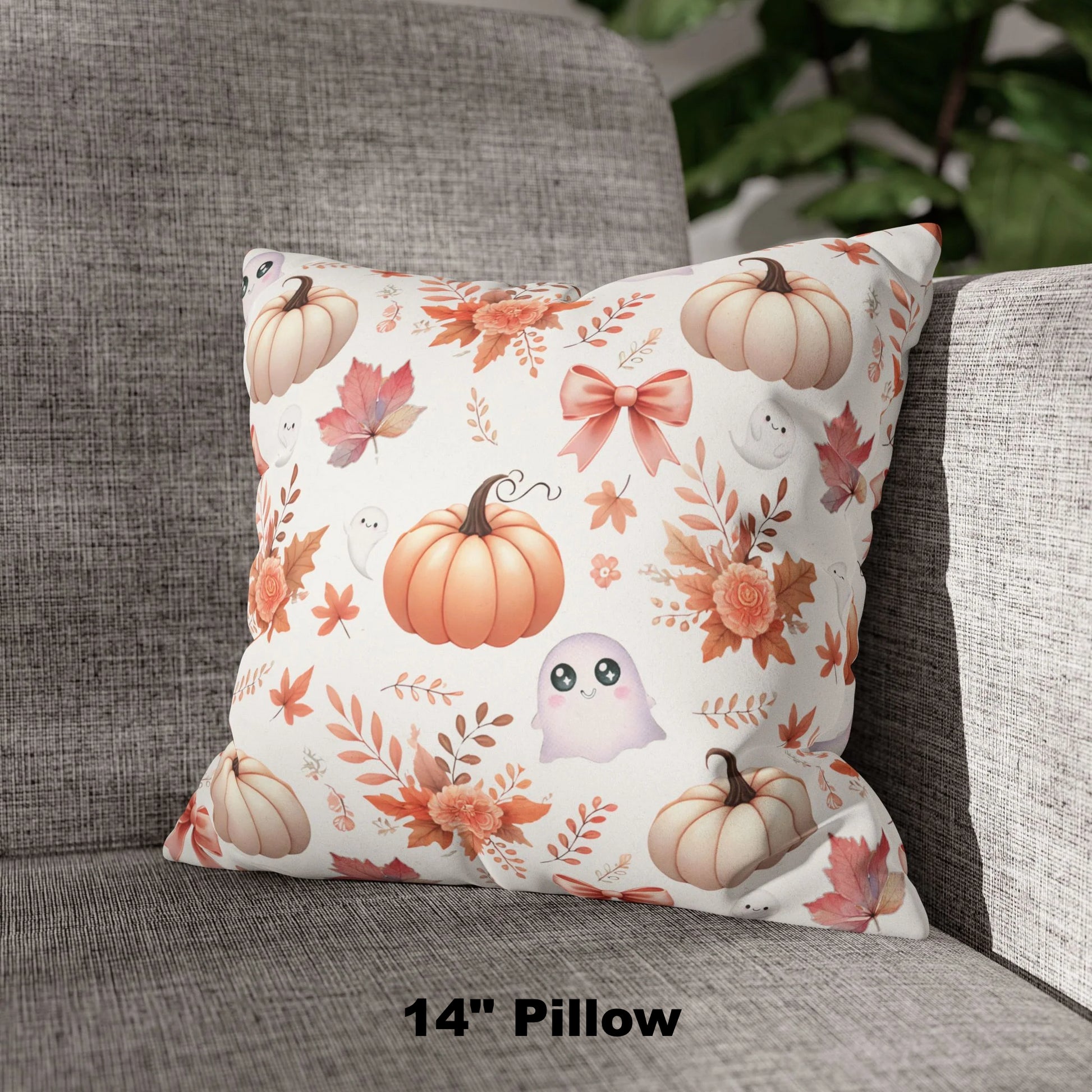 14" Coquette Pumpkin & Ghost Floral Pattern Faux Suede Square Pillow