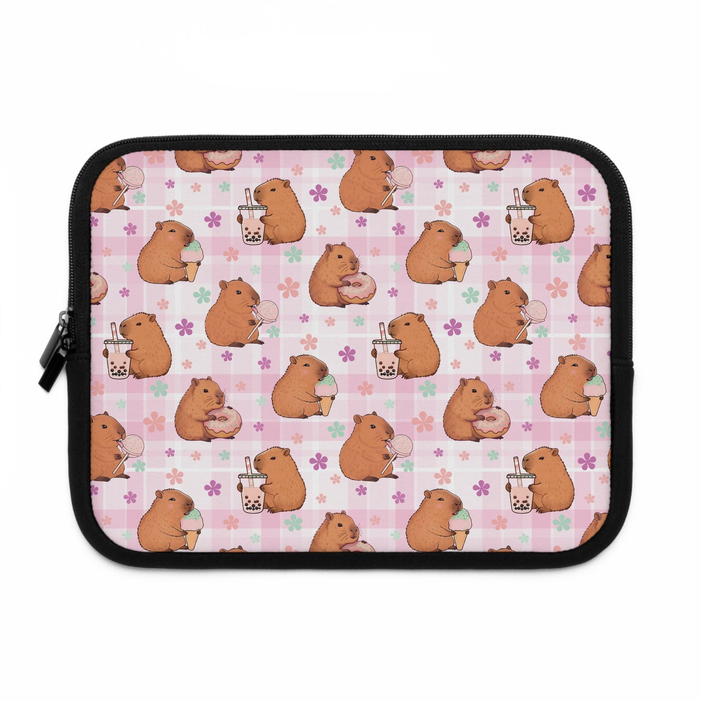 Cute Sweets Loving Capybara Plaid Pattern Laptop or Tablet Sleeve