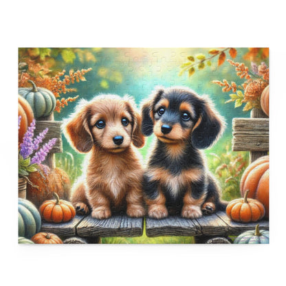 Dachshund Puppy Wiener Dogs on Fall Bench Halloween Puzzle (120, 252, 500-Pieces)