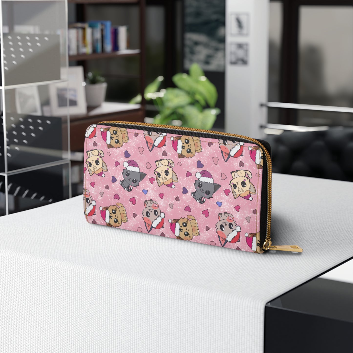 Pink Zipper Wallet with Cute Christmas Kittens & Hearts