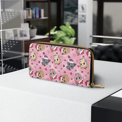 Pink Zipper Wallet with Cute Christmas Kittens & Hearts