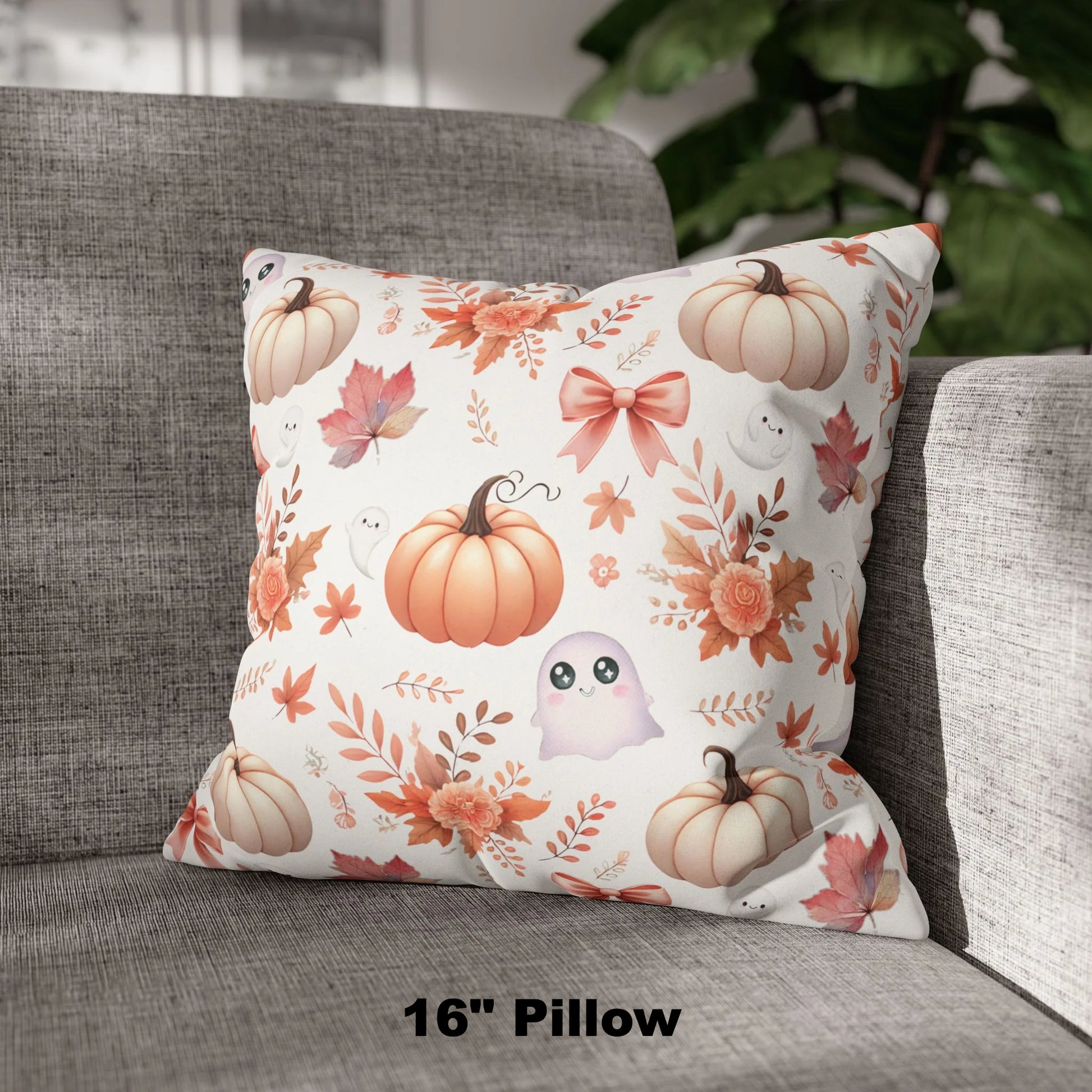 16" Coquette Pumpkin & Ghost Floral Pattern Faux Suede Square Pillow