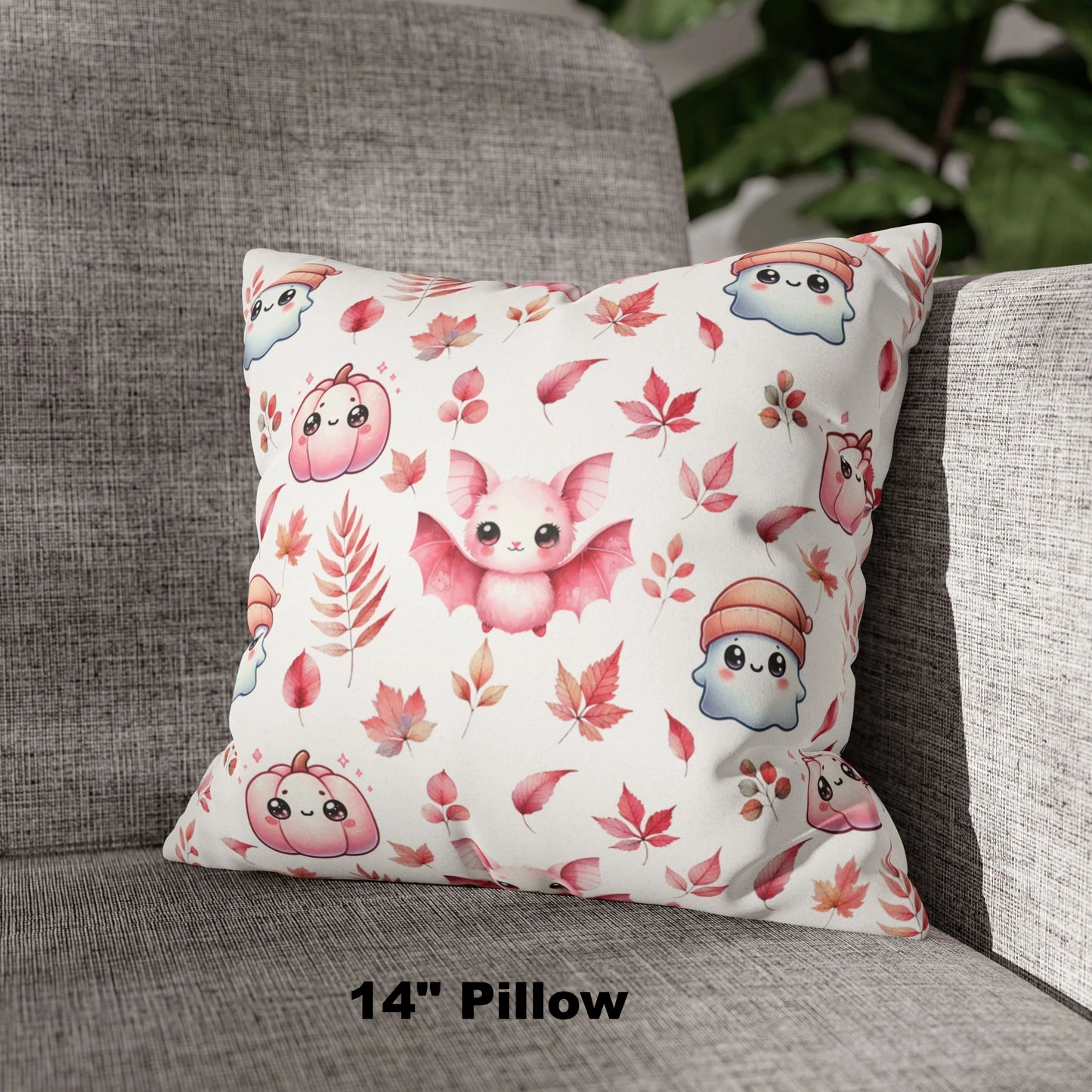 Pink Halloween Pattern Faux Suede Square Pillow with cute Kawaii Ghosts, Bats & Pumpkins