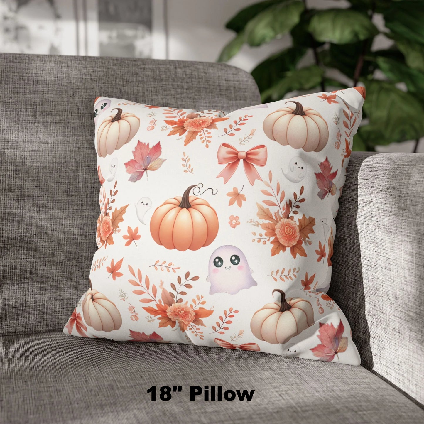 18" Coquette Pumpkin & Ghost Floral Pattern Faux Suede Square Pillow